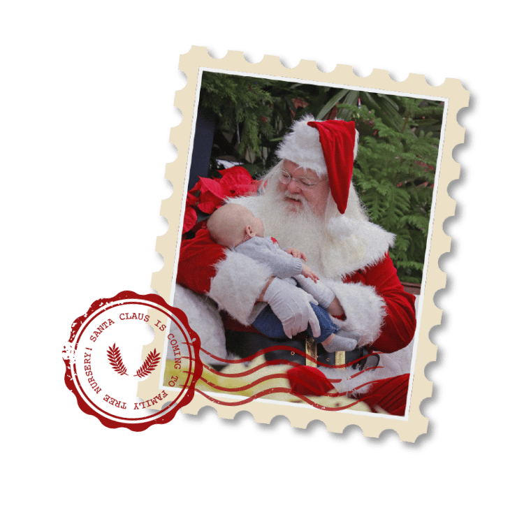 Santa holds a baby in a postage stamp frame at Family Tree Nursery's free photos with Santa event.